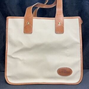 Vtg King Ranch Khaki All Over Logo Stamped Vinyl Tote W/ Brown Leather Trim EUC